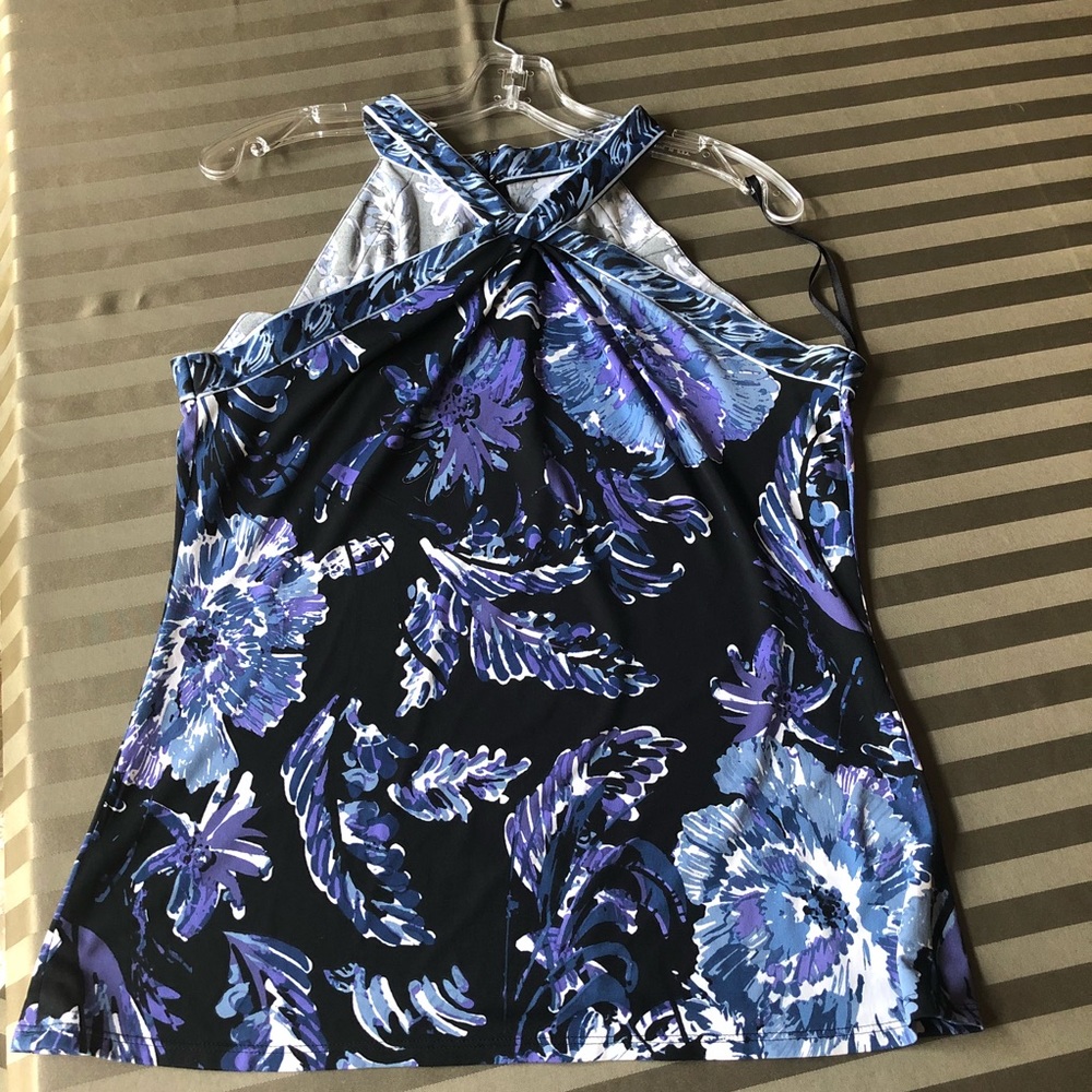 Tahari medium blue floral halter top dressy tank